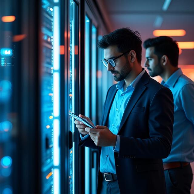 Telecom engineers collaborating on site with 5G hardware